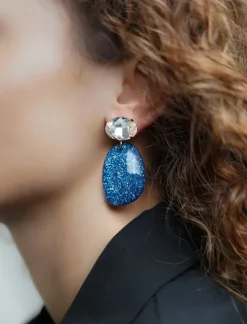 Blauwe Glitter Oorbellen Little Sara Asymetrisch Crystal Ovaal S