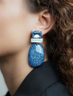 Blauwe Glitter Oorbellen Alara Ovaal L