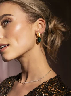 Daan Oorbellen Ovaal Strass Pendant M Emerald