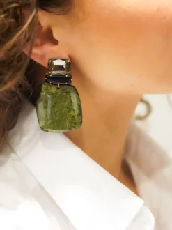 Marble Donker Groen Oorbellen Square Rock Strass Zwart
