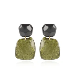 Marble Donker Groen Oorbellen Square Rock Combi Zwart