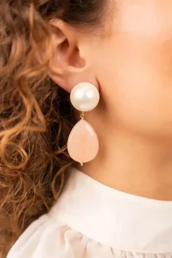 Ronde Peach Parel Oorbellen Drop L