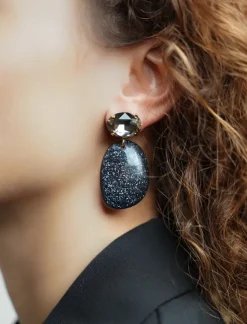 Zwarte Glitter Oorbellen Little Sara Asymetrisch Ovaal S