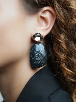 Zwarte Glitter Oorbellen Aurora Ovaal L Strass